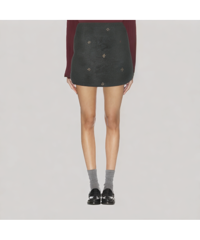 Snowflake Embroidered Wool A line Skirt